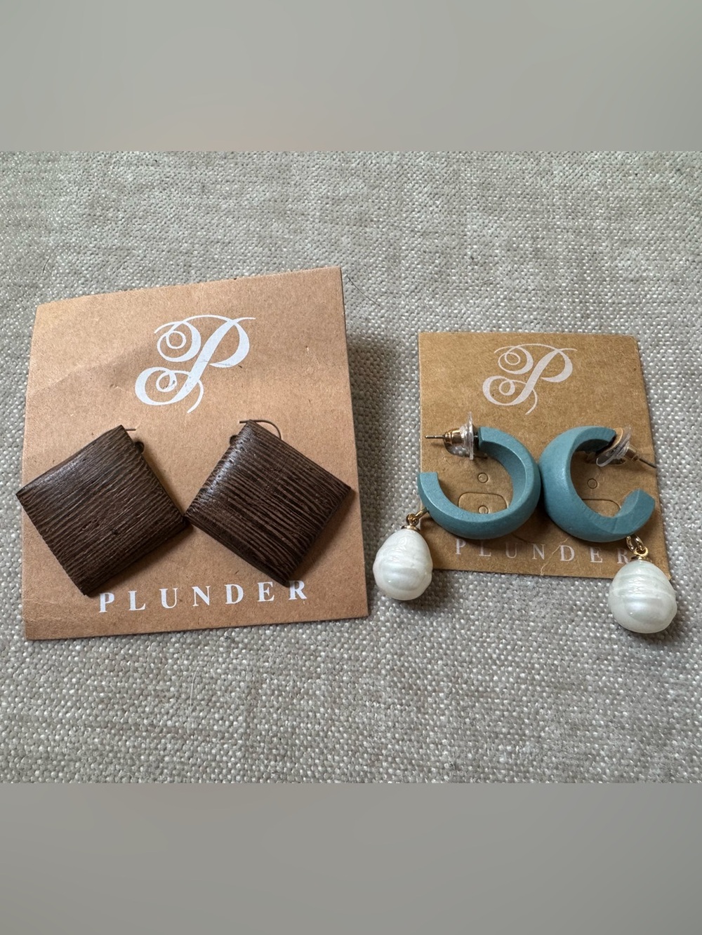 Plunder Set of Two Wooden Earrings - wooden Square and Hoops with Pearl Drop